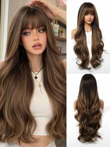 Topshe 30 Inch Gradient Dark Brown To Caramel Highlight Long Wavy Synthetic Wig, Silky Voluminous Soft Texture, Neat Straight Fringe Bangs, Breathable Adjustable Wig Cap, Perfect For Daily Outing, Dating, Club, Vintage Style Hair Wig For Ladies - Piano Color - View 3