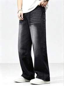 1pc Justice Brother Vintage Washed Loose Wide-Leg Jeans Pants, American Streetwear Style - Black - View 2