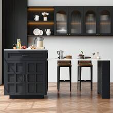 Extendable Bar Table With Storage (133-202 * 70 * 93.5), With Two Drawers And Four Compartments, Expandable Kitchen Island Table 2-6 People, Kitchen Dining Cart With Side Shelves, Black. - Black + MDF - View 8