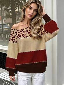 Women's Autumn Leopard Print Colorblock Knit Long Sleeve Pullover Sweater, Off-Shoulder Lantern Sleeve, Lazy Casual Multi-Occasion Outfit - Multicolor - View 2