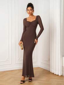 PARTHEA Elegantes braunes Mesh-Meerjungfrau-Maxikleid mit quadratischem Ausschnitt, langen Ärmeln, geraffter Brust und rückenfreiem Design, Abendkleid für Hochzeitsgäste für Frauen - Braun - Übersicht 3