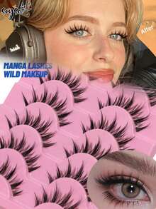 6Pairs Anime Lashes Clear Band Eyelashes Natural Crossed Wispy Fake Eyelashes Cosplay Makeup Tools - Black - View 1