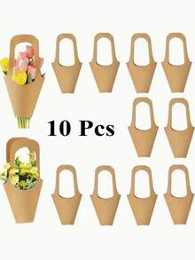 10Pcs Floral Kraft Paper Box Set,Gift Bags With Handles,Cone-Shaped Floral Bouquet Wrapping Bags For Wedding,Birthday,Party,Thanksgiving,Christmas - Brown - View 1