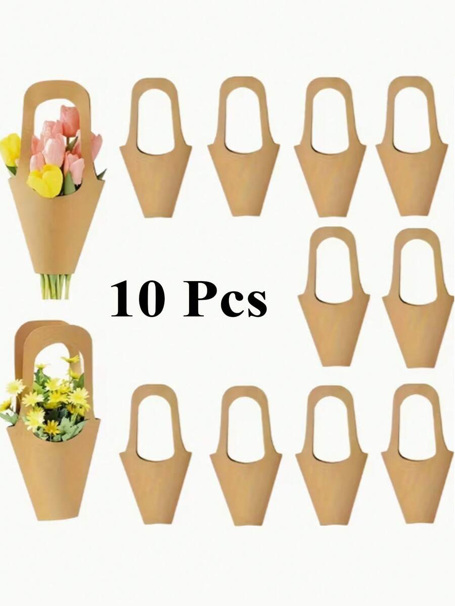 10Pcs Floral Kraft Paper Box Set,Gift Bags With Handles,Cone-Shaped Floral Bouquet Wrapping Bags For Wedding,Birthday,Party,Thanksgiving,Christmas - Brown - View 1
