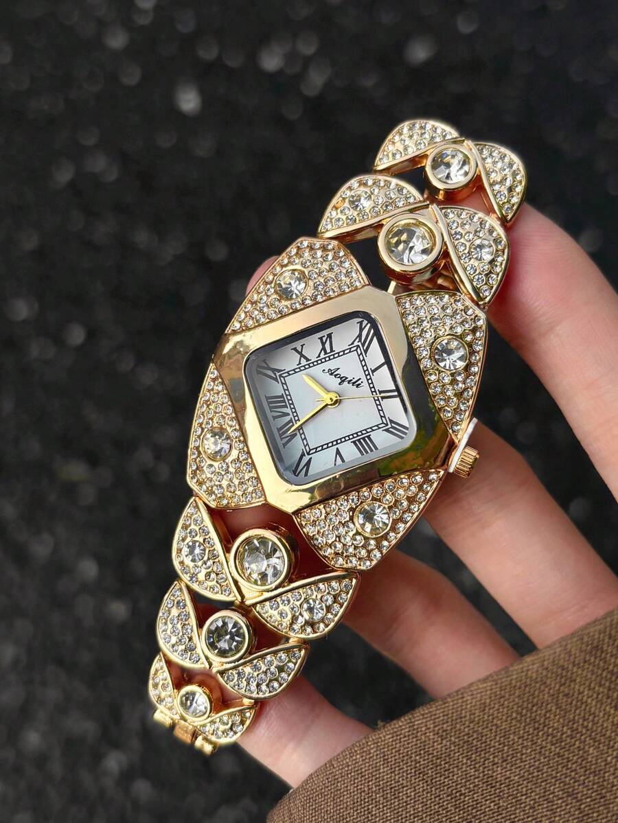 1PC Women Gold Tone Leaf Shaped Link Quartz Bracelet Watch With Square Silver Roman Numeral Dial Large Crystals And Rhinestones Vintage Luxury Gift - Gold - View 1