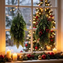 Christmas Hanging Decor Pine Branch, 50cm Red Berry Artificial Cypress Greenery, Maintenance-Free Winter Wall And Door Decoration, Christmas Hanging Ornament, Red Berry Decor, Artificial Winter Greenery - Green - View 2
