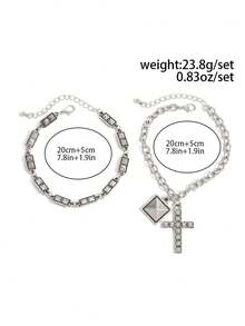 2pcs/Set Gothic Distressed Silver Rivet Bracelet, Double Layer Chain With Cross Pendant, Street Hip-Hop Style Fashion Accessory - White K - View 7
