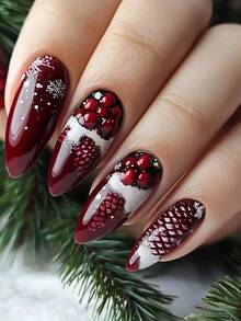 Christmas Medium-Short 24pcs Glossy Finish Christmas Pine Cone Pattern Fake Nails, Red Nail Stickers, Easy To Remove And Reusable Wearable Nails, Snowflake Nail Stickers, Convenient For Travel, Parties, Events, Holiday Outings, Burgundy Nail Stickers - Red - View 3