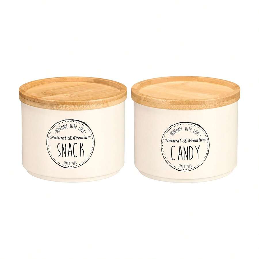 Dam Pack Of 2 Stackable Cream Jars With Bamboo Lid. Assorted Designs "Snack" And "Candy". - View 1