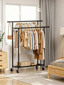 Double Rod Rolling Clothes Rack, Thickened Metal Frame, Double Hanging Rods, Movable With Bottom Universal Wheels, Simple Garment Storage Hanger For Home Bedroom Balcony - Multicolor - View 2