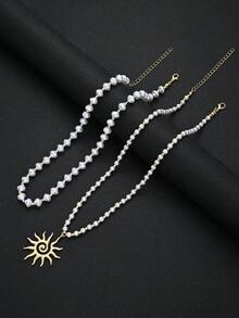 3/2/1pc Vintage Elegant Bohemian Style Women's Metal Sunflower Pendant And Blue Beaded White Pearl Necklace Set, Suitable For Women's Vacation, Date, Layering Wear, Holiday Gift Perfect Choice - Multicolor - View 6