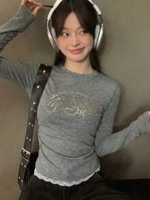 Women's Rhinestone Design Fitted Long Sleeve T-Shirt, Versatile Inner Layer Top - Grey - View 5