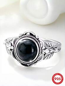 S925 Sterling Silver Vintage Leaf Black Agate Ring, Distressed Carved Design, Niche Women's Finger Ring, Personalized Accessory - Silver - View 7