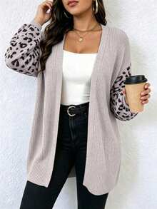Women's Plus Size Leopard Print Cardigan, Long Sleeve Dropped Shoulder Knit Sweater, Suitable For Autumn - Grey - View 3