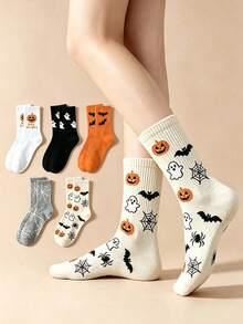 Halloween Mid-Calf Socks, Elastic Cotton Fabric, Multi-Color Cartoon Ghost Jacquard Design, Suitable For Daily Wear And Halloween Parties, Festive Atmosphere Socks - Multicolor - View 1