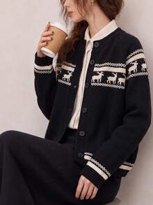 Women's Vintage Autumn/Winter Reindeer Pattern Knit Cardigan Button Long Sleeve Crew Neck Sweater - Black - View 1