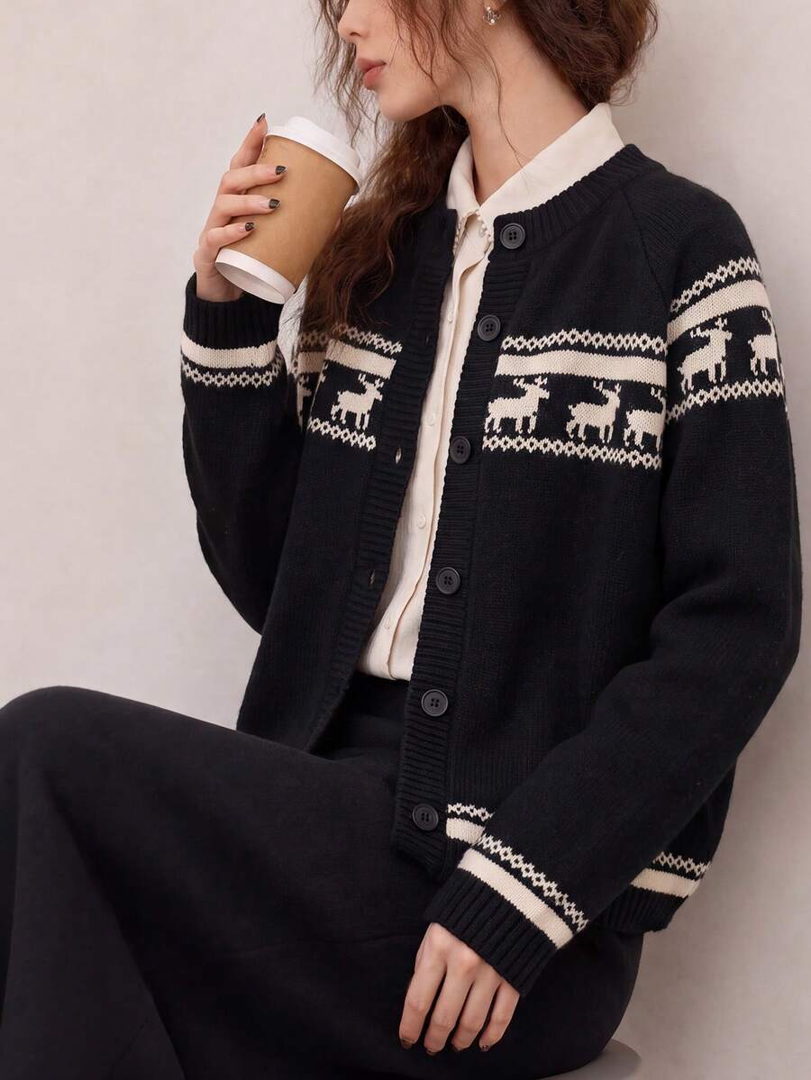 Women's Vintage Autumn/Winter Reindeer Pattern Knit Cardigan Button Long Sleeve Crew Neck Sweater - Black - View 1