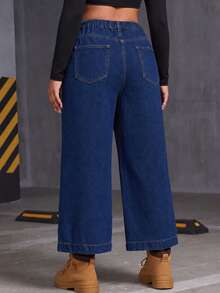 Women's Plus Size High Waist Wide Leg Dark Wash Casual Denim Cropped Jeans - Blue - View 3