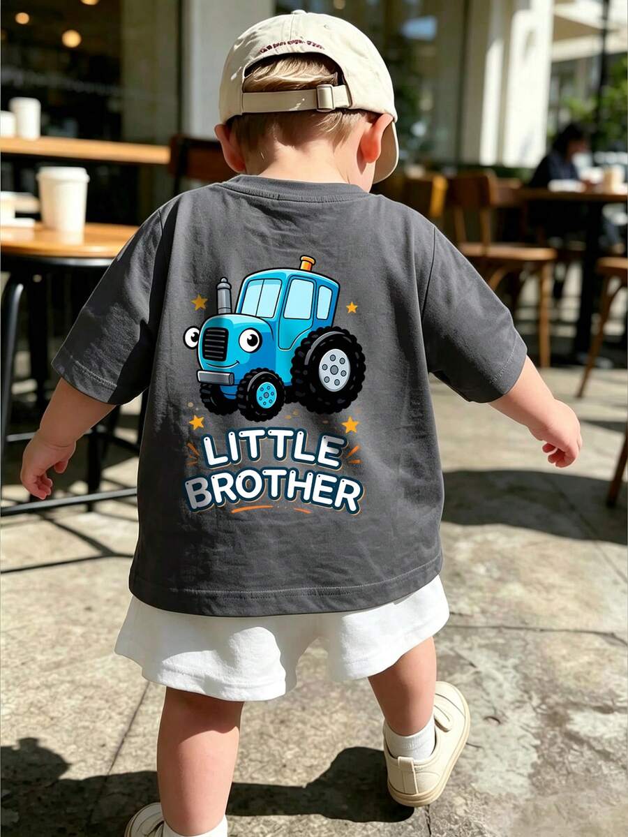 Baby Boy Playful Daily Wear T-Shirt, Loose Fit Short Sleeve Casual Top - Dark Grey - View 1