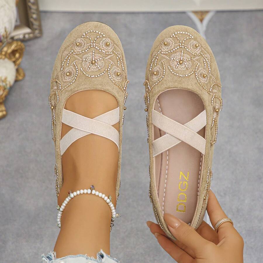 1 Pair Women Beaded Embroidery Decor Microfiber Non Slip Round Toe Crisscross Strap Flat Heel Bohemian Ballet Flats For Party Daily - Beige - View 1