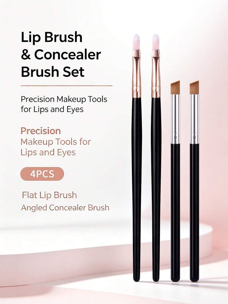 4pcs Professional Makeup Brush Set Soft Bristle Lip Brush + Angled Concealer Brush Precise Lip Line Definition Conceal Blemishes Dark Circles Beginner Portable Eye & Lip Makeup Tools