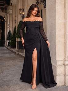 VIPGIRL Elegant Plus Size Black Long Evening Gown With Lace Shoulder Sleeves And Open Back Design, Perfect For Formal Occasions And Balls - Black - View 5