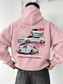 Men's Tokyo Racing Car Front & Back Print Hoodie, Loose Racing Style Streetwear Pullover - Pink - View 2