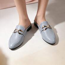 Elegant Light Blue Embossed Closed-Toe Half-Slingback Rhinestone Metal Bow Slip-On Flat Mule Shoes Preppy - Light Blue - View 6