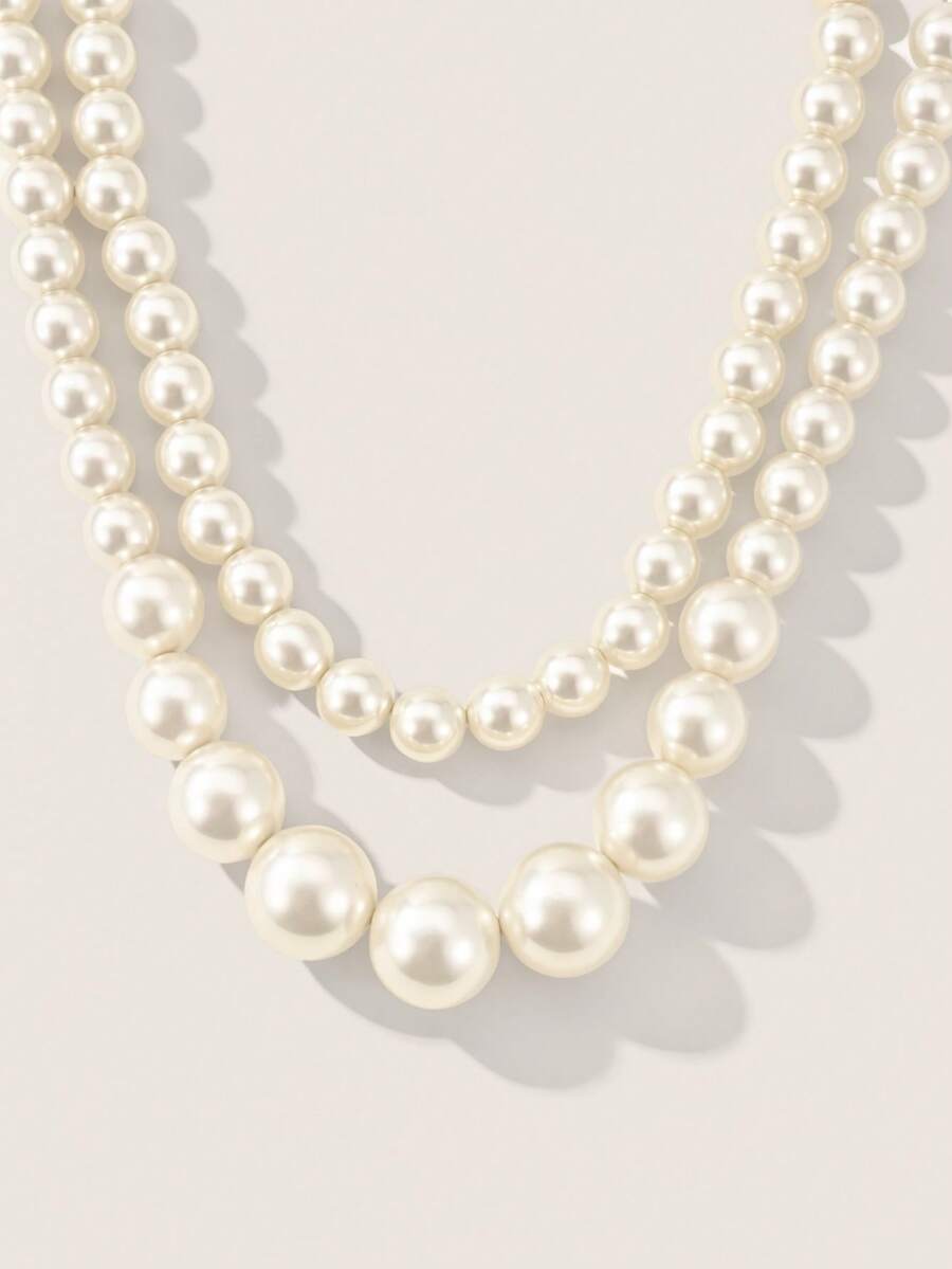 Valisandre 2pcs/Set Fashionable Elegant Asymmetrical Faux Pearl Beaded Necklace Set For Women's Gorgeous Evening Party Runway Jewelry - White - View 1