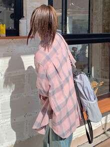 Plaid Random Stripe Lapel Loose Long Sleeve Spring/Summer Long Casual Vintage Women's Shirt - Pink - View 4