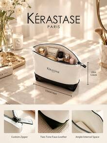 Kérastase Black & White Color Block Waterproof PU Makeup Bag, Large Capacity Zipper Travel Cosmetic Organizer, Portable Beauty Storage Bag, Gift - Black - View 4