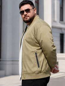 Men's Plus Size Solid Color Baseball Collar Jacket, Spring/Autumn - Khaki - View 3