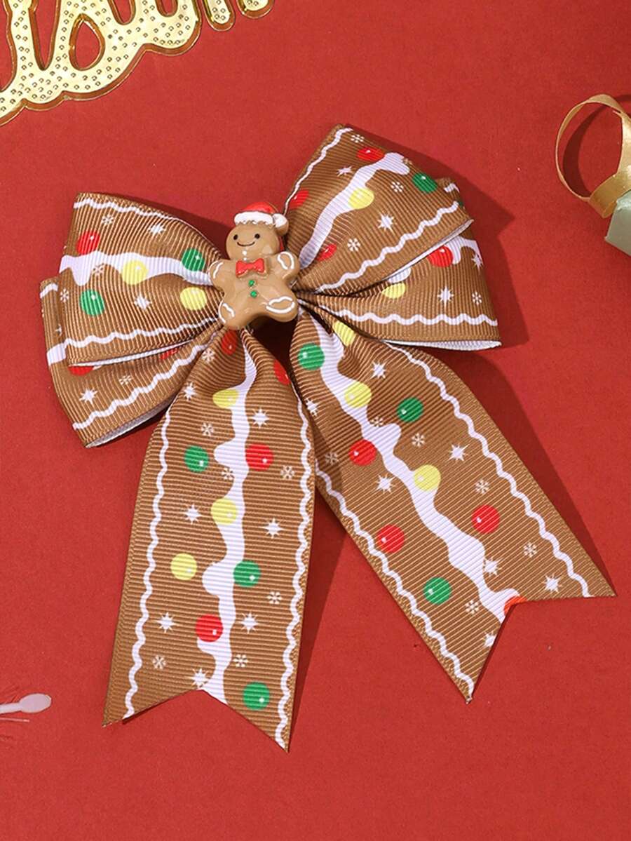 1PC Christmas Gingerbread Man Bow Hair Clips For Kid Girls,Cute Brown Grosgrain Ribbon Hairpins For Christmas Party,Gift For Daughter,Hair Accessory - Multicolor - View 1