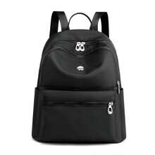 Casual Daypack, Solid Black Nylon Backpack, Adjustable Padded Shoulder Straps, Office Weekend Trip Daily Use, Multi Zipper Pocket Simple Rucksack - Multicolor - View 12