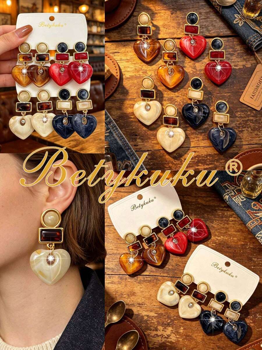 2pcs Bohemian Colorful Resin Round Water Drop Rhinestone Pendant Earrings, Casual Daily Outfit Accessories Gift