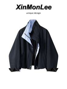 New Style 2 In 1 Colorblock Stand Collar Zip-Up Long Sleeve Jacket, Office Daily Spring Autumn Casual Elegant Vacation - Black - View 1