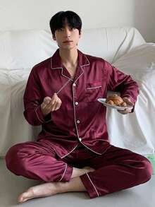 DAZY Men's Sleepwear Set, Long Sleeve Shirt And Long Pants, Minimalist Casual Solid Color Cardigan Button-Up Silk Pajamas - Burgundy - View 1