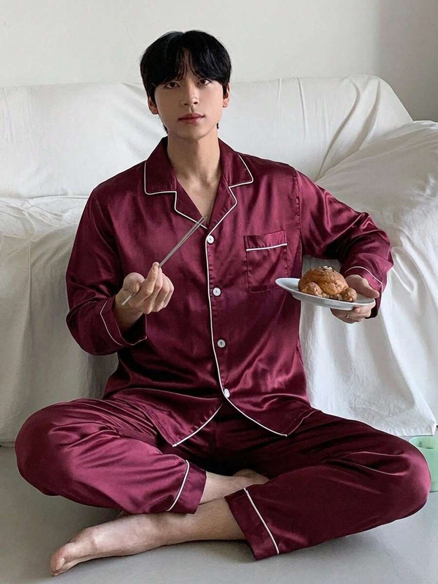 DAZY Men's Sleepwear Set, Long Sleeve Shirt And Long Pants, Minimalist Casual Solid Color Cardigan Button-Up Silk Pajamas - Burgundy - View 1