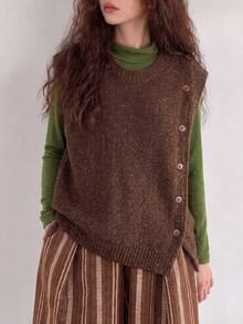 Women's Knitted Round Neck Button Decor Sweater Vest, Fashion Regular Length Sleeveless Top, Slightly Elastic Fabric, Creating Modern Decadent Style Look - Coffee Brown - View 1