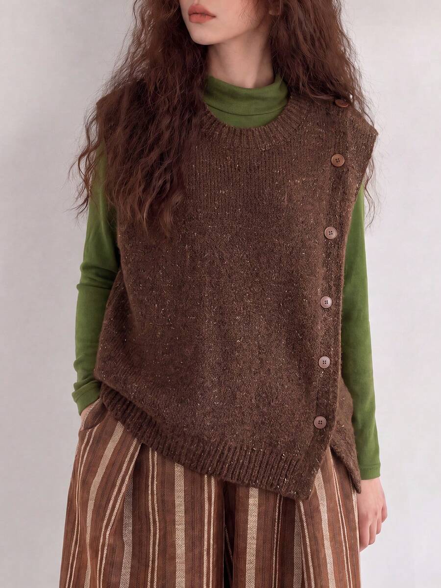 Women's Knitted Round Neck Button Decor Sweater Vest, Fashion Regular Length Sleeveless Top, Slightly Elastic Fabric, Creating Modern Decadent Style Look - Coffee Brown - View 1