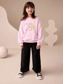 Cute Pink Girls' Pullover Sweatshirt With Cartoon Rabbit & Bear Print - Pink - View 1