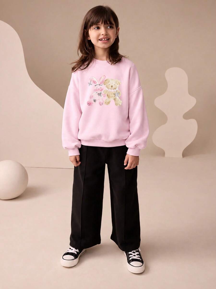 Cute Pink Girls' Pullover Sweatshirt With Cartoon Rabbit & Bear Print - Pink - View 1
