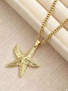 1pc Gold Stainless Steel Starfish Pendant Necklace With Exquisite Box Chain, Unisex Ocean Style Accessory - Starfish - View 2