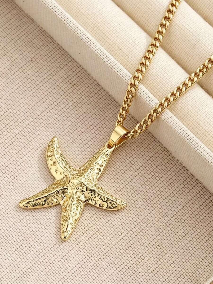 1pc Gold Stainless Steel Starfish Pendant Necklace With Exquisite Box Chain, Unisex Ocean Style Accessory - Starfish - View 1