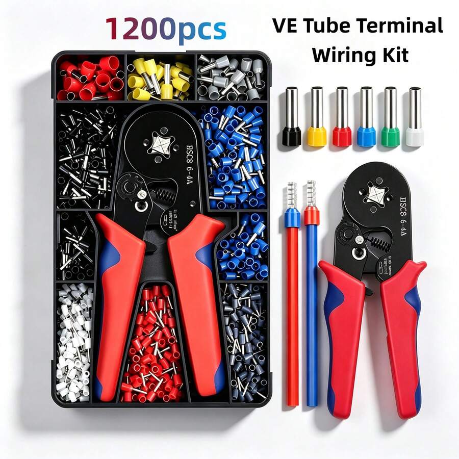 1200pcs VE Pre-Insulated Tubular Cold Pressing Wire Terminals And Ratchet Crimping Pliers Set, Full Copper Core Terminal Sleeves, Self-Adjusting Multi-Size Wire Crimping Tool Kit, Suitable For Home Appliance Maintenance And DIY Wiring Projects