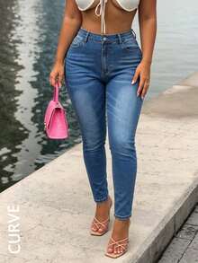 Quần jean denim ôm dáng màu xanh thuần cho người size lớn - Rửa tối - Xem 6