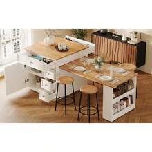 Extendable Kitchen Island (120-184) With Drawers And Casters, Mobile Kitchen Island With Wood-Look Tabletop, Versatile Counter Island Kitchen, Dining Room & Bar Counter, White/Black - White + MDF - View 8