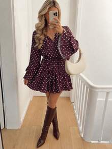 All-Season Polka Dot Print Front Bow Thin Strap Double Layer Flared Sleeve Elastic Waist Design Fashionable Elegant Women's Short Dress - Multicolor - View 2