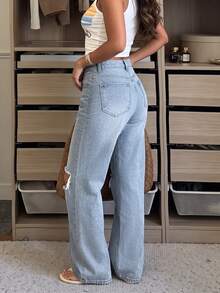 Celana Panjang Jeans Denim Longgar Kasual Wanita dengan Efek Sobek - Light Wash - View 4