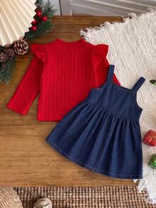 Baby Girls 2pcs Set Sweet Christmas Style Denim Santa Claus Applique Embroidery Flutter Sleeve Top Outfit Autumn/Winter - Multicolor - View 7